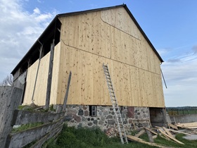 This old barn in South Bruce is getting a face lift with new pine boards. Love it!
